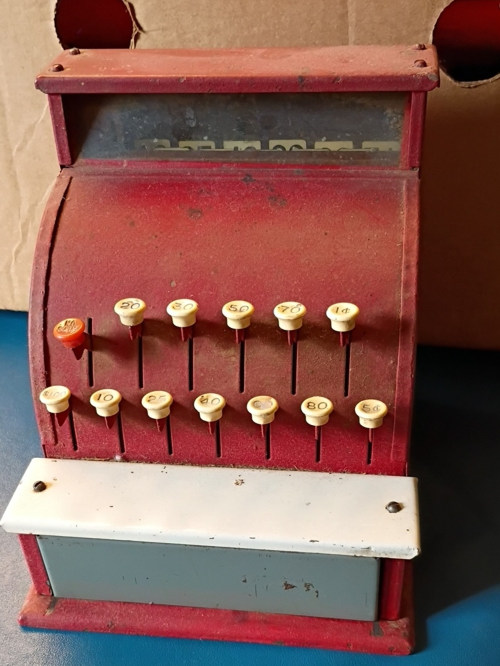 Vintage Red Metal Toy Cash Register with Cream Buttons